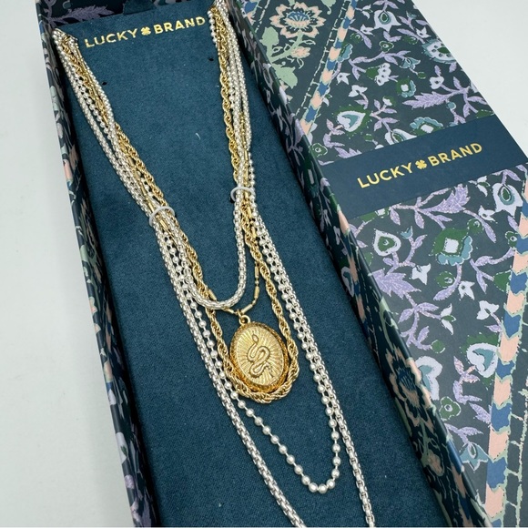 Lucky Brand Drama Layer Necklace Two Tone Gold & Silver Tone Snake Pendant - Picture 3 of 5